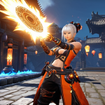 **Character Enhancement:** A Blade & Soul Revolution character, dynamically posed, surrounded by glowing skill orbs and weapon upgrade effects. Showcase the impact of optimized skills and powerful gear, with a UI element highlighting stat increases.