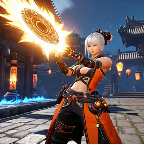 Home 4 **Character Enhancement:** A Blade & Soul Revolution character, dynamically posed, surrounded by glowing skill orbs and weapon upgrade effects. Showcase the impact of optimized skills and powerful gear, with a UI element highlighting stat increases.